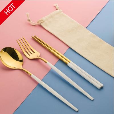 China Sustainable Nordic Camping Personal Modern 3 Piece White Gold Silverware Set Stainless Steel Cutlery With Chopsticks for sale