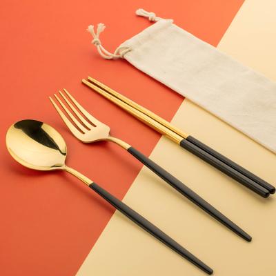 China Sustainable Picnic Personal Modern Black and Gold 3 in 1 Portable Travel Camping Cutlery Set Bag Cutleri for sale