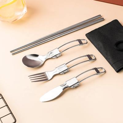 China Stainless Steel Viable Pocket Outdoor Portable Folding Camping Cutlery Set Collapsible Flatware with Chopsticks for sale