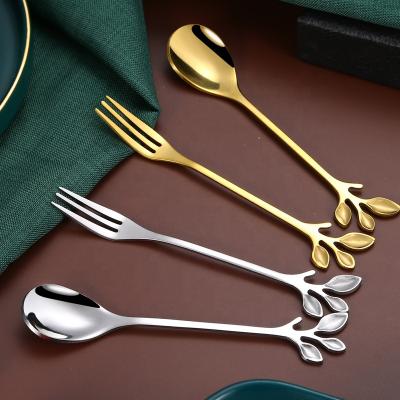 China Viable Single Leaf Shape Stainless Steel Drinks Coffee Tea Spoon Fork Set For Gift Souvenirs for sale