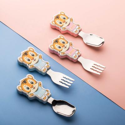 China New Sustainable Cute Animal Customized Food Eating 304 Stainless Steel Kids Baby Training Spoon And Fork Pre Set For Kid for sale