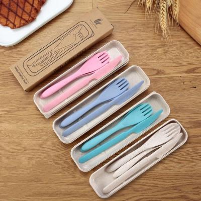 China Viable Eco-Friendly Colorful School Plastic Cutlery Set Biodegradable Wheat Straw Spoon Fork Knife With Camping Box for sale