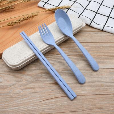 China Viable BPA Wheat Straw Spoon Free Reusable Portable Chopsticks Fork Plastic Cutlery Set With Moving Box for sale