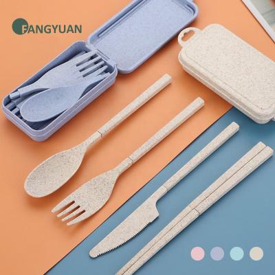 China FANGYUAN Sustainable Biodegradable 4pcs Folding Flatware Wheat Straw Spoon Fork Plastic Knife Set Chopsticks With Picnic Case for sale