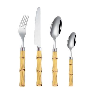 China Sustainable Custom Classic Plastic Bamboo Handle Silverware Stainless Steel Cutlery 16/24pcs Set for sale