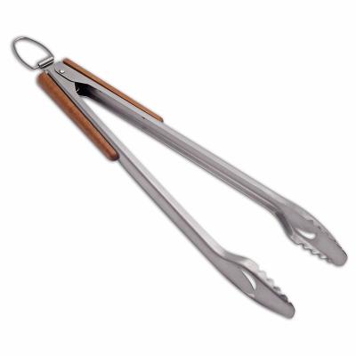 China Easily Cleaned Cooking Kitchen Accessories 18 Inch Stainless Steel Clip With Wooden Handle BBQ Food Tongs for sale