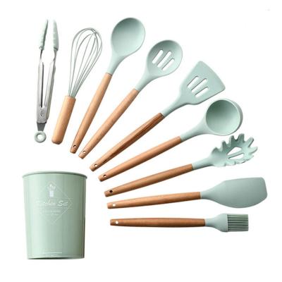 China Sustainable Hot Selling Wooden Utensil 10 Pcs Handle Kitchen Cooking Food Grade Non Stick Silicone Utensil Set for sale