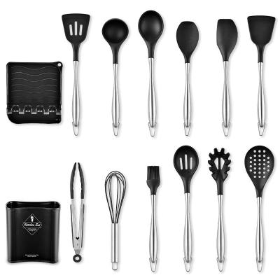 China Hot Selling Black Cookware Stocked Set Stainless Steel Handle Eco-Friendly Silicone 14pcs Set Kitchen Utensils for sale