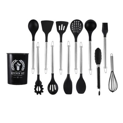 China Hot Sale Kitchen Accessories Stocked Nonstick Cookware Set 12 Pieces Durable Black Silicone Set Cooking Tools for sale