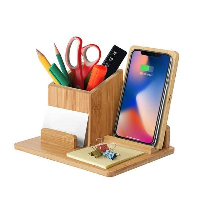 China Multi Function As Bamboo Fast Charging Portable Organizer Phone Stand Pen Holder Wireless Charger Desktop QI 10W Wooden Multi Function Pen Holder Wholesale for sale