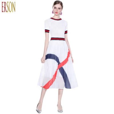 China 2022 Spring Sustainable New Products Women's Fashion Round Neck Knit Short Sleeve Quilting Chiffon Swing Geometric Big Swing Dress for sale