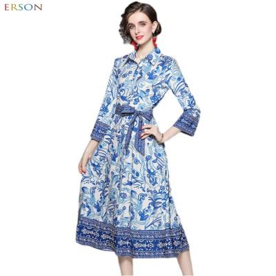 China 2022 New Viable Women's Clothing Temperament Lapel Fashion Nine Point Printing Swing Slim Mid Length Dress for sale