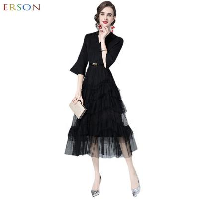 China Anti-Static Professional Black Dress 2022 Spring And Autumn Ladies Luxury Fake Two-Piece Mesh Cake Skirt Ol Suit for sale