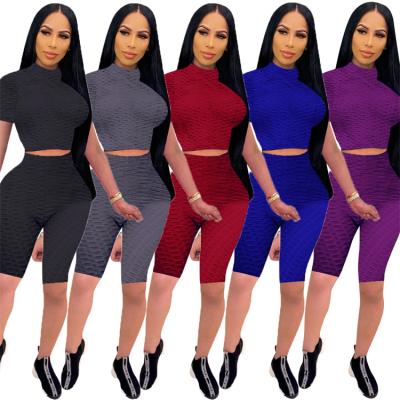 China 2021 QUICK DRY 2 piece shorts sets fitness and yoga wear sheer color bubble jacquard leggings women sports fitness for sale