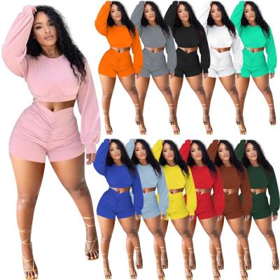 China 2021 Autumn Ladies Solid Color Outfits QUICK DRY Running Two Piece Shorts Set Long Sleeve Biker Shorts 2 Piece Set Women Two Piece Clothing s for sale