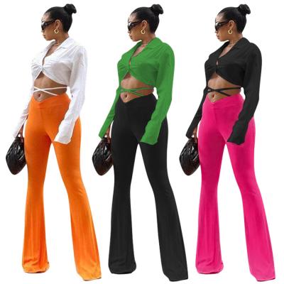 China XY88389 QUICK DRY Long Sleeve Beauty Halter Tie Shirt Two Piece Set Pants Set Wide Leg Pants for sale