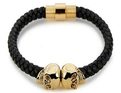 China Ethnic Hot Selling Leather Bracelet Men's Gold Skull Jewelry Stainless Steel Bracelet for sale