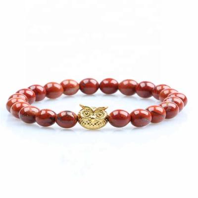 China Vintage Factory Price Wholesale Natural Red Jasper 8mm Beads Owl Shape Charm Stone Bead Bracelet for sale