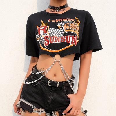 China Breathable Black Casual Half Sleeve Cotton Fashion Letter Print Chain Link Cool Crop Tops Streetwear T-shirt for sale