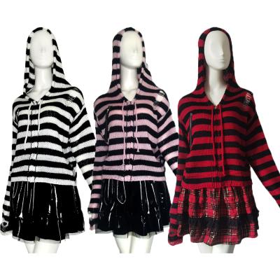 China Y2k 2022 fashion long sleeve girl breathable hollow out gothic striped cotton zipper cardigan top knit ripped sweater women hooded female for sale