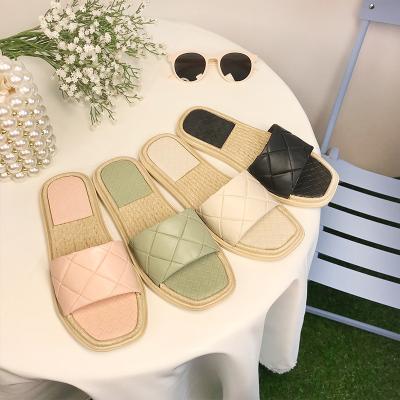 China 2021 fashion trend ladies beach slides light up indoor and outdoor soft PVC color block weave shoes soft cheap slipper for sale