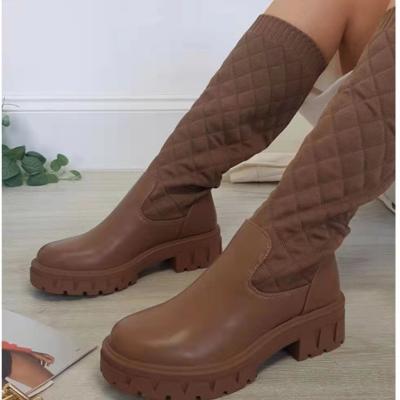 China Winter Flat Hot Sale Fashion PU Solid Rubber Knit Sock Boots Round Toe Platform Long Motorcycle Boots for sale