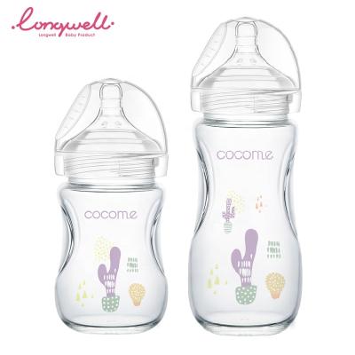 China BPA Free Custom Cartoon Printed Clear Borosilicate Glass Baby Milk Bottle Crystal Glass Food Grade Feeding Care Bottles 160/240ML for sale