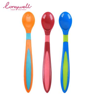 China BPA Free Longwell New Kids Spoon Rice Feeding Logo Packinginfant Training Eating Table Custom PP Long Handle Plastic Baby Cartoon for sale