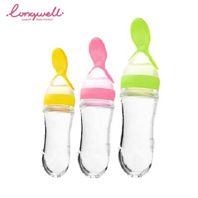 China BPA Ningbo Longwell 90/125/200ml Free Logo Color Custom Silicone Spoon Baby Fresh Food Feeder Squeeze Fruit Rice Feeding Bottle for sale