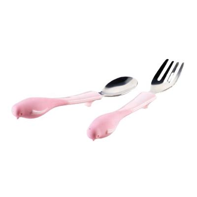 China BPA Free OEM Food Grade 304 Stainless Steel Spoons Forks With Plastic Handle Cute Bird Shape Cutlery Set Stainless Steel Spoons And Fork for sale