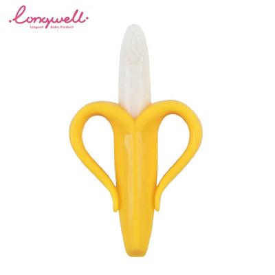 China Cute Eco-Friendly Longwell Shape Banana Teether Toys Soft Safety Easy Grip Training Brush Silicone Baby Teether Toothbrush Ning-Po for sale