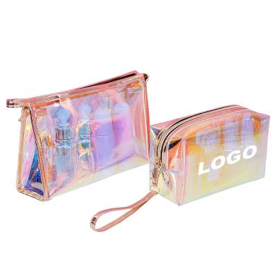 China Low MOQ 30Pcs Clear Color Laser Holographic Makeup Bag Logo New Fashion Transparent Laser Printing Custom Luxury Reflective Custom Cosmetic Pouch for sale