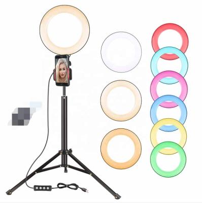 China Mini LED Selfie Ring Light 8 Inch Dimmable Camera Photography Lighting Ring Lamp With Colorful Tripod Stand for sale