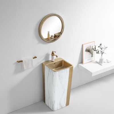 China Yeson Modern Luxury Pedestal Bathroom Basin Marble Gold Design Free Standing Wash Basin With Gold Mirror for sale