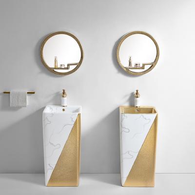 China Yeson Modern Standing Pedestal Sink Pedestal Bathroom Basin Marble One Piece Luxury Gold Design for sale