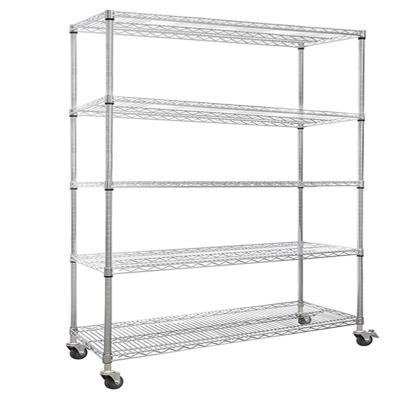 China Adjustable 5 Layers Carbon Steel Hooks Chrome Plated Wire Mesh Shelves With Wheels Mobile Shelving Cart Anti-Static Industrial Commercial Metal for sale