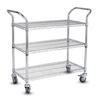 China Adjustable Three Layers Carbon Steel Chrome Plated Wire Mesh Trolley Car Stainless Steel Hardware Tool Anti-static Rotating Movable Car for sale