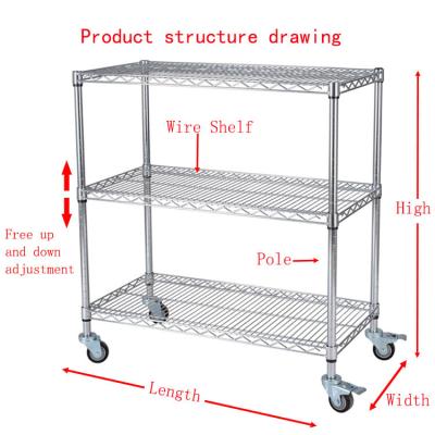 China Three Layer Adjustable Anti-Static Cart Chrome Plated Wire Mesh Trolley Trolley Cart Organizer Utility for sale