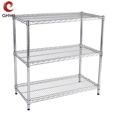 China Movable Corrosion Protection Wheel Stainless Steel Color 3 Layer Metal Chrome Shelf Wire Mesh Warehouse Storage Display Industrial for sale