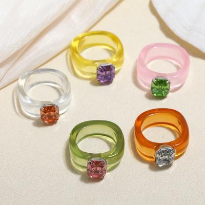 China 2021 Fashion Vintage Chunky Design Colorful Crystal Irregular Geometry Rhinestone Acrylic Resin Ring Jewelry For Women for sale