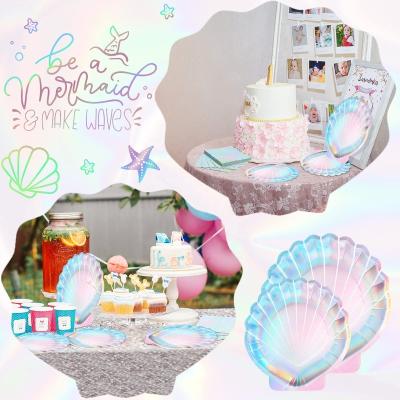 China Disposable Mermaid Party Supplies Set, 72 Pcs Seashell Dishes And Mermaid Napkins, Mermaid Dishes Birthday Decoration For Wedding for sale