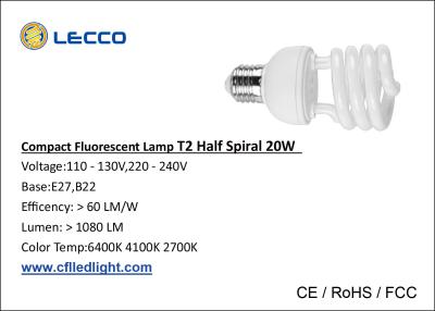 China T2 20W Small Compact Fluorescent Lamps 7mm , Cfl Spiral Bulbs For Office for sale