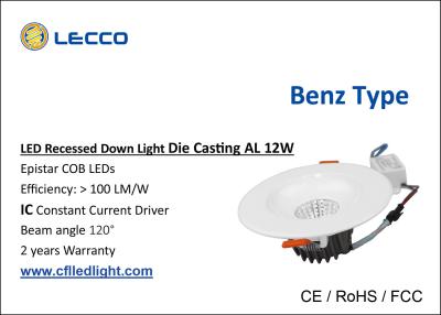 China LED Recessed  Downlight 12W Benz Type Die Cast Aluminum 100 LM / W CRI > 80 COB Light Source for sale