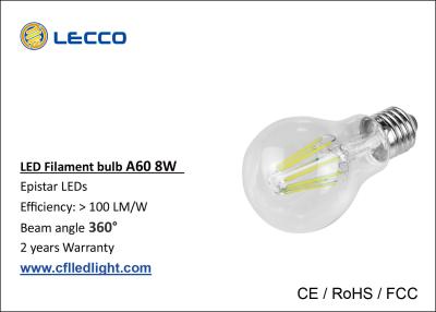 China E27 A60 Filament LED Bulb 8 Wattage Glass Cover 2700K 100 LM / W for sale