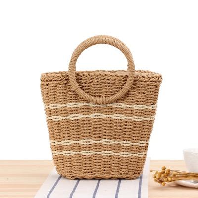 China Hot-selling 2020 new fashion straw bag fashionable lady beach backpack handmade striped wild compact portable beach bag for sale