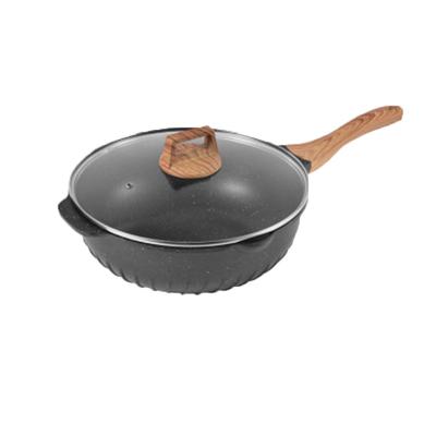 China Sustainable Touch Smokeless Wooden Handle Deep Frying Pan With Tempered Glass Lid for sale