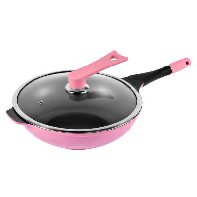 China Viable Marble Stone Coating Non Stick Wok Pan With Handle With Tempered Glass Lid for sale