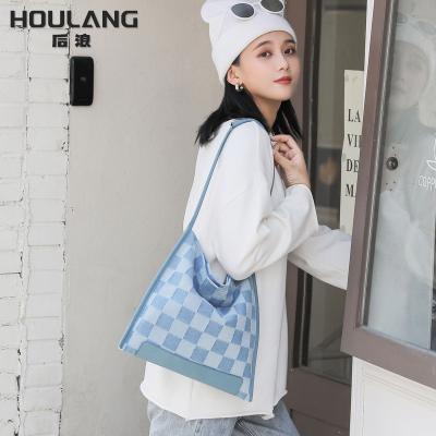 China Fashion Japanese style plaid fabric shoulder armpit cross tote bag portable art student - female body denim canvas bag for sale