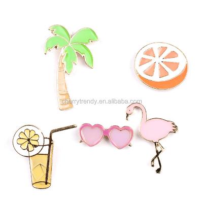 China Creative Juice Collar Pins Button Brooches Cartoon Metal Jewelry Lemon Glass Flamingo Palm Badge for sale