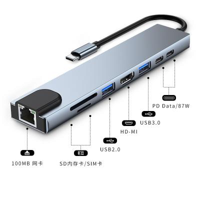 China Aluminum Alloy 8 in 1 Type-C USB 3.0 Hub Laptop Adapter Palladium Charging 8 Ports Dock Station RJ45 TF/SD Card Notebook Splitter for Surface by MacBook for sale